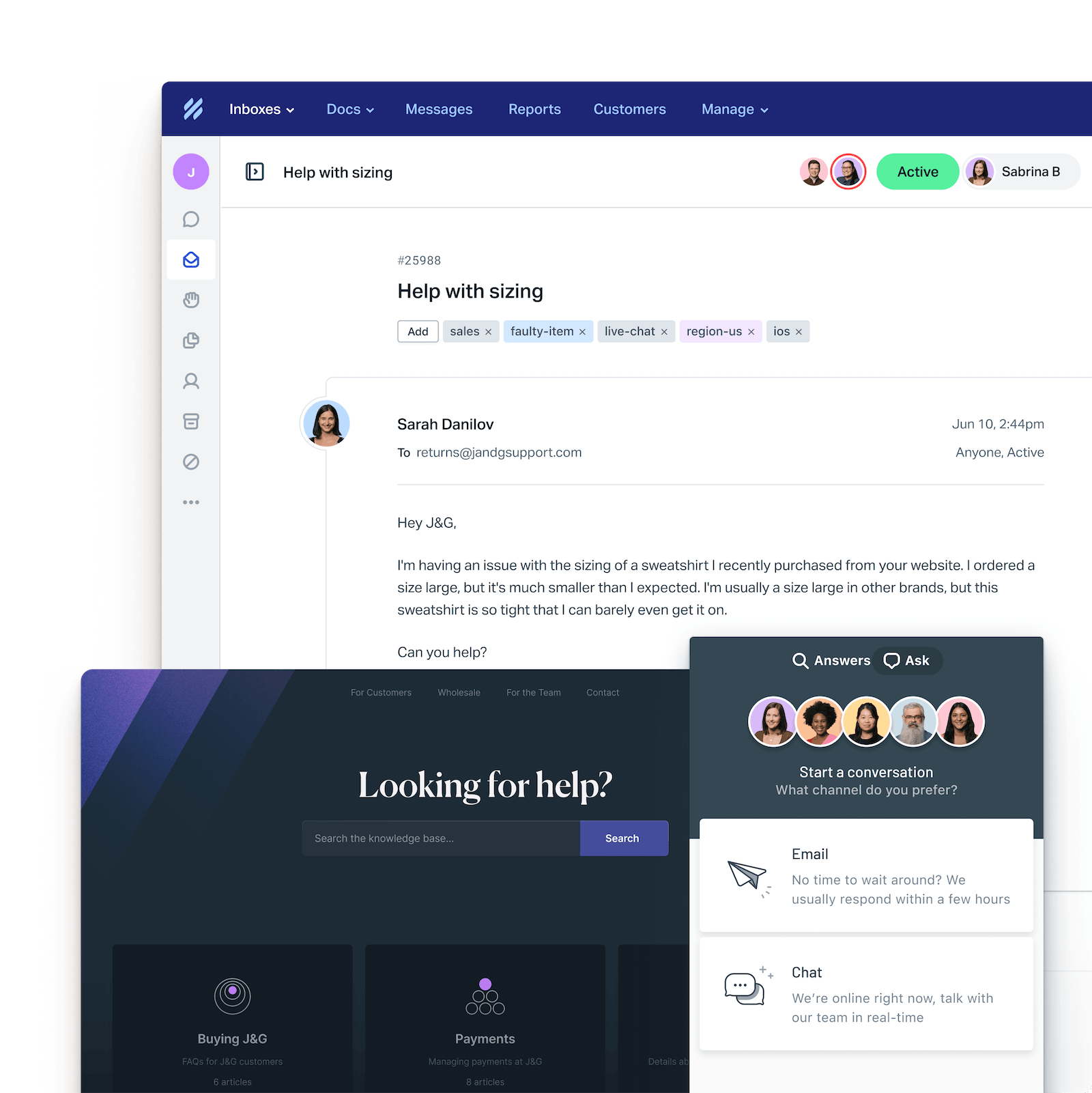 Screenshot of Help Scout's Inbox, knowledge base, and messaging products